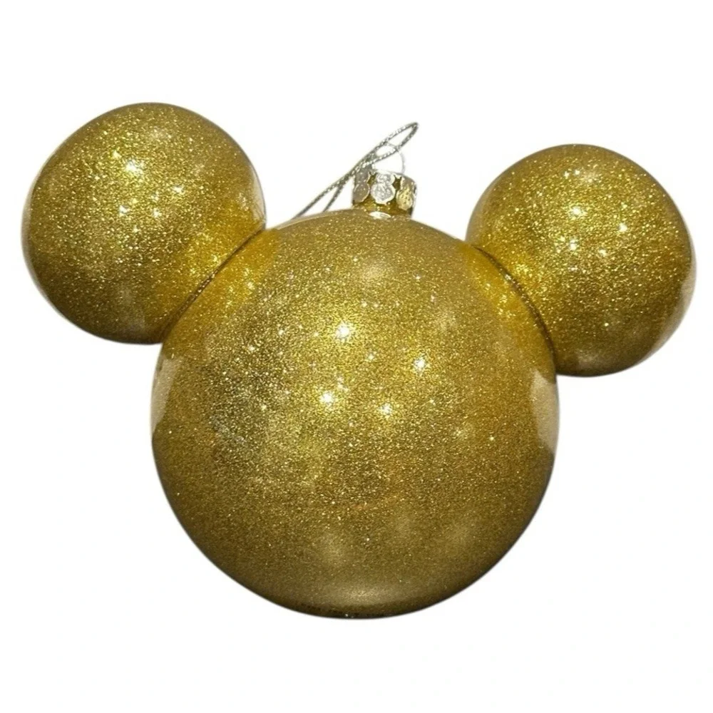 RARE Disney Parks Mickey Icon Ears Glittery Glitter Glass Ball Gold‎ Ornament